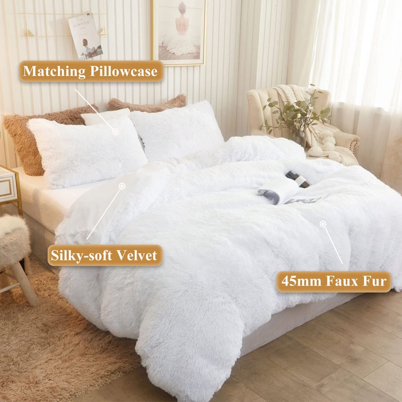 XeGe Plush Shaggy Duvet Cover Set, Luxury Ultra Soft Crystal Velvet Fluffy Bedding Sets 3 Pieces(1 Furry Faux Fur Comforter Cover + 2 Fuzzy Faux Fur Pillowcases), Zipper Closure(Queen, White) - Image 2